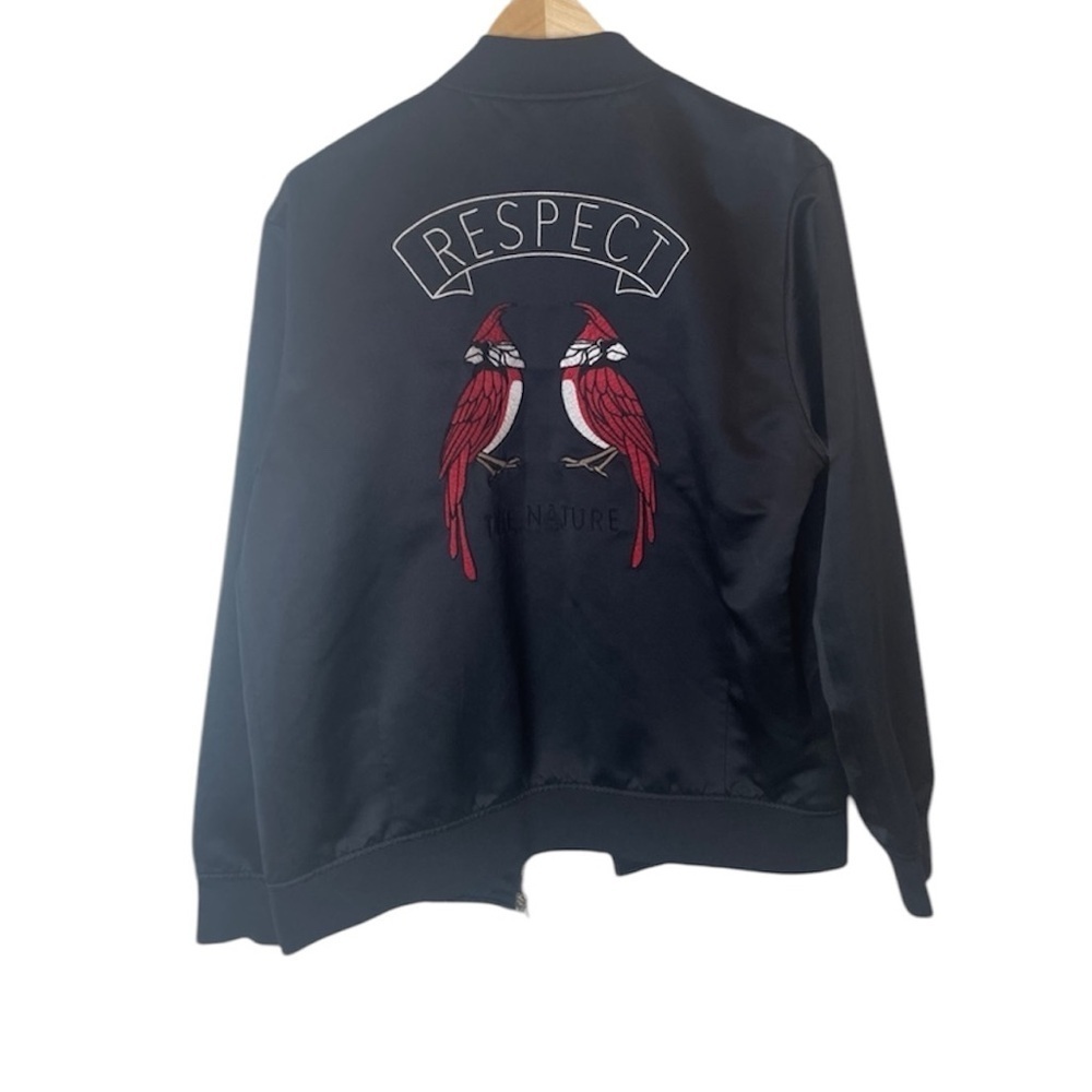 Japanese Trendiano Satin Black Zip Up Jacket Embroidered Cardinal Bird Respect